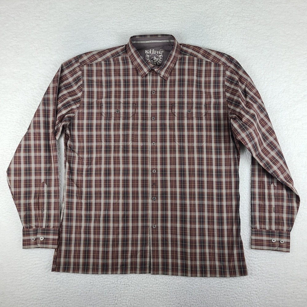 KUHL Eluxor Shirt Mens XL Brown Gray Plaid Check Flap Pocket Dress Button Up *